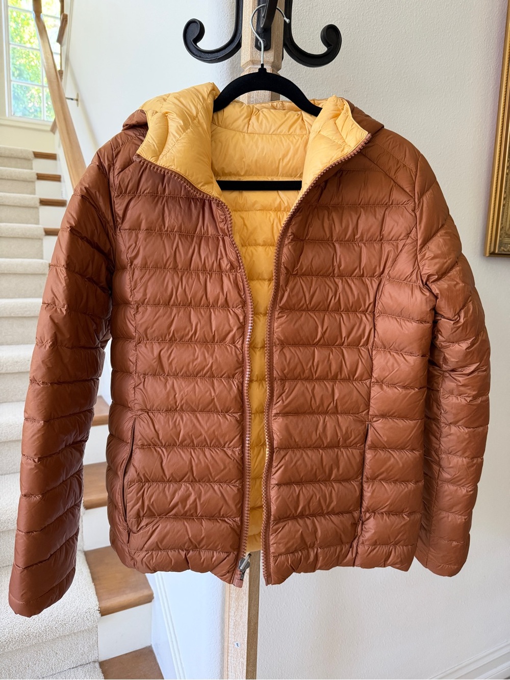 Women's Two-Tone Packable Down Jacket in Rust with Yellow Lining
